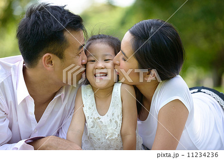 Loving couple kissing their little angel daughter Loving couple kissing their little angel daughter 11234236