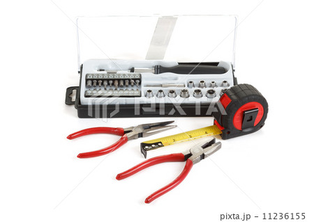 screwdriver toolbox with set of bits, pliers and measuring tape 11236155