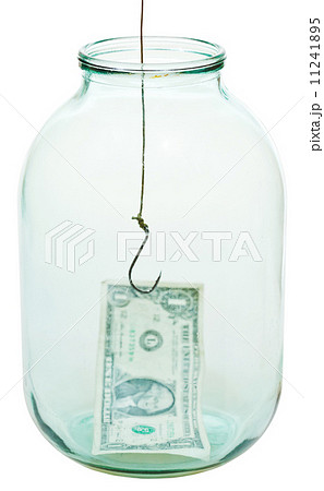 one dollar money and fishhook in glass jar 11241895