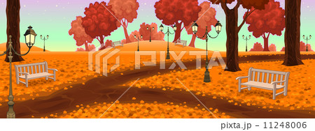 Park with benches and street lamps. 11248006