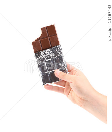 Hand holding foiled dark chocolate bars. 11267442