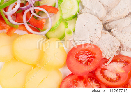 Warm meat salad with vegetables. 11267712