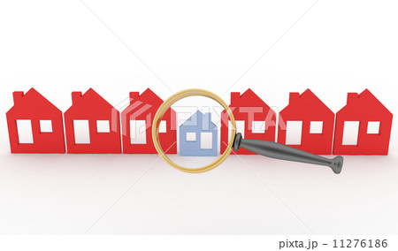 Magnifying glass selects or inspects a home in a row of houses Magnifying glass selects or inspects a home in a row of houses 11276186