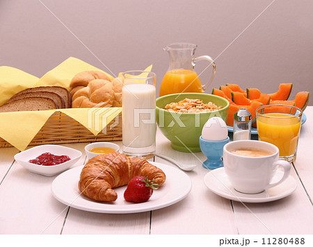 Healthy breakfast with croissants, cup of coffee and fruits Healthy breakfast with croissants, cup of coffee and fruits 11280488