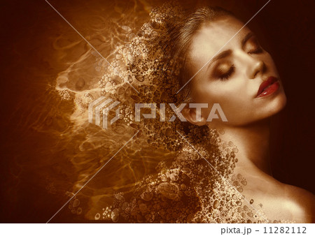 Golden Splatter. Futuristic Woman with Bronzed Painted Skin. Fantasy Golden Splatter. Futuristic Woman with Bronzed Painted Skin. Fantasy 11282112