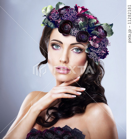 Valentine. Woman in Colorful Wreath of Flowers 11282181