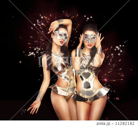 Firework & Fancy Dress Party. Showgirls over Sparkling Background 11282182
