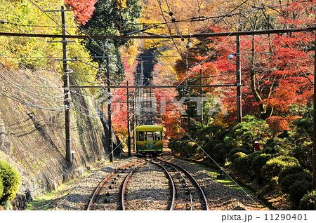 東京都 観光名所 高尾山の紅葉とケーブルカーの写真素材