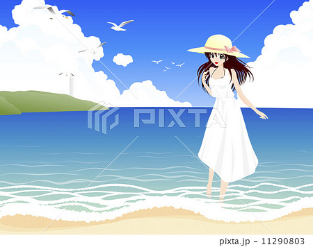 海辺と麦わら帽子の女の子のイラスト素材