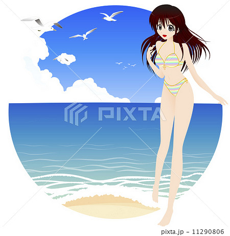 海辺と水着姿の女の子のイラスト素材