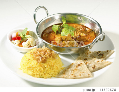 Indian curry served with rice and naan 11322678