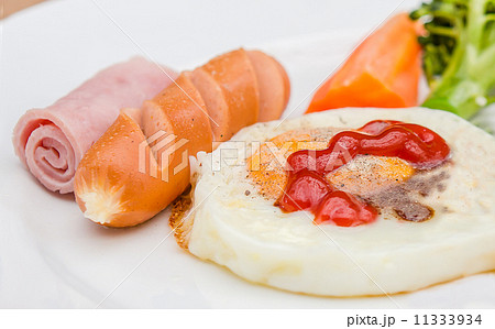 Fried egg with sausage and ham Fried egg with sausage and ham 11333934