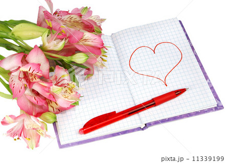 notebook with a pen by flowers and heart notebook with a pen by flowers and heart 11339199