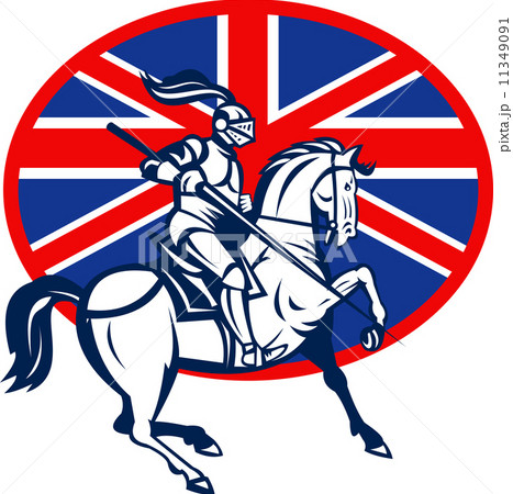 Knight on horse with lance and British flag 11349091