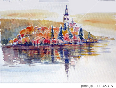 スロベニア ブレッド湖の水彩画 スロベニア ブレッド湖の水彩画 11365315