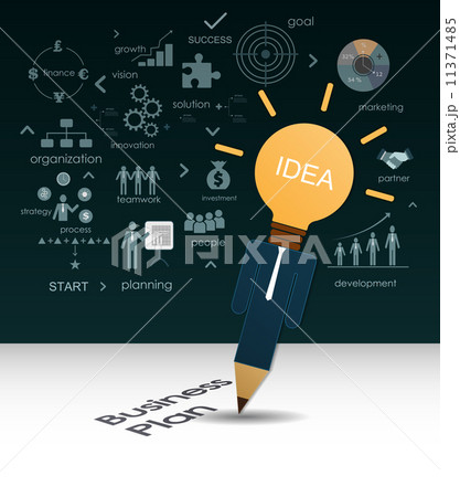 Businessman in pencil shape created planning business idea on green board background Businessman in pencil shape created planning business idea on green board background 11371485