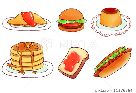 オムライス トースト プリン ホットケーキ ハンバーガー ホットドックのイラスト素材