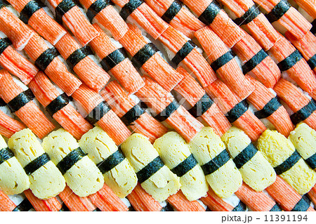 background of sushi with egg and Imitation Crab Stick background of sushi with egg and Imitation Crab Stick 11391194