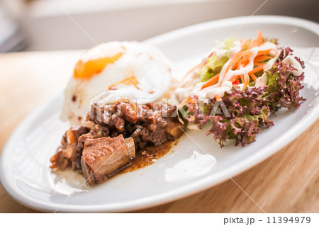 Pork fried on rice topped with sauce Pork fried on rice topped with sauce 11394979