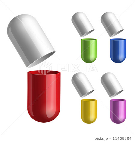 Set of pills opened in two halfs . 11409504