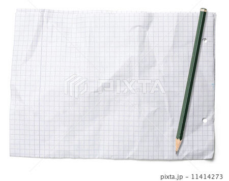 crumpled paper with lines, holes and pencil, isolated on white 11414273