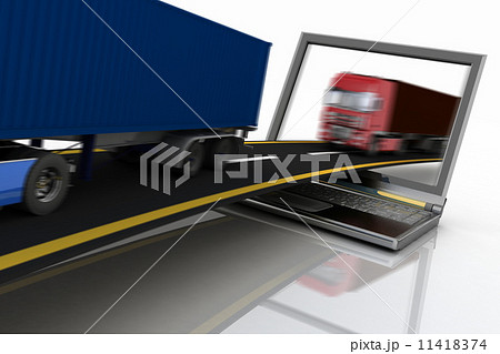 Trucks on freeway coming out of a laptop 11418374