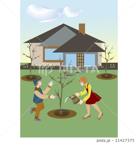 Spring came and the children plant trees. 11427375
