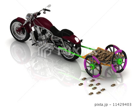 New motorcycle carries varicoloured old wagon cart with gold 11429403