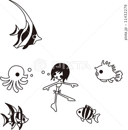 たくさんの魚と一緒に海で泳ぐ女性 のイラスト素材