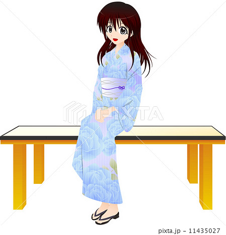 和風のベンチに座る浴衣姿の女の子のイラスト素材