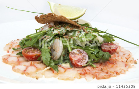 salad greens and shrimp meat on a white background salad greens and shrimp meat on a white background 11435308