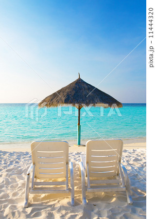 Parasol and chaise lounges , Maldives 11444320