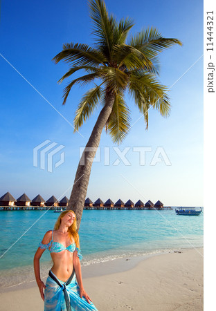 Young beautiful girl stands near by palm tree on background of ocean, Maldives 11444321