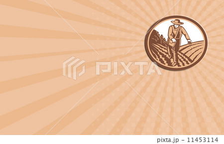 Business card Organic Farmer Sowing Seed Woodcut Retro 11453114