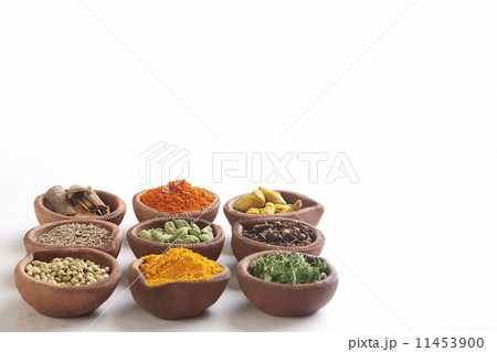 Variety of Indian spices in oil lamps over white background 11453900