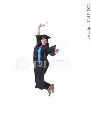 Full length portrait of excited graduate student jumping over white background Full length portrait of excited graduate student jumping over white background 11454209