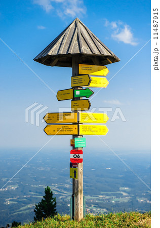 Tourist signpost on the edge of mountain in Graz, Austria 11487915