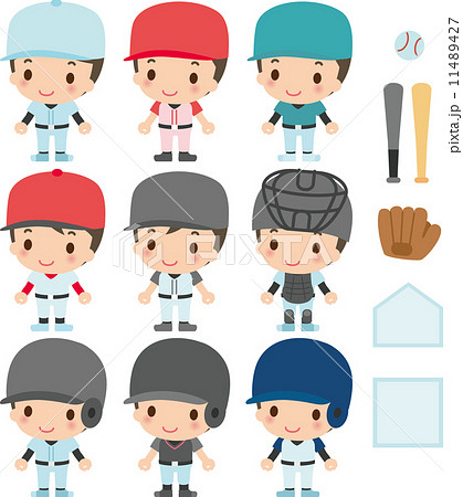 9人の野球選手と道具のイラスト素材