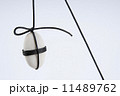 White stone suspended by rope against a white background. 11489762