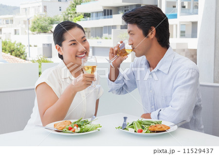 Happy couple having a meal together with white wine Happy couple having a meal together with white wine 11529437