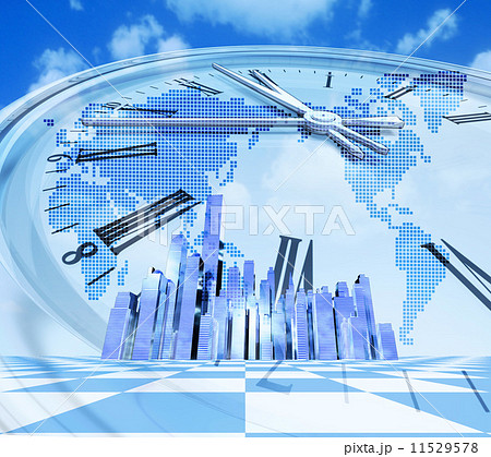 世界地図の時間11時59分と高層ビル街 11529578