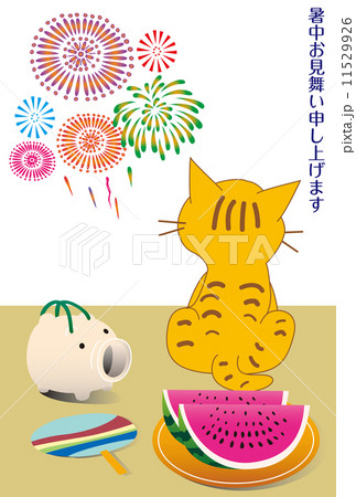 縁側で花火を見る猫と夏の風物詩の暑中見舞い状のイラスト素材