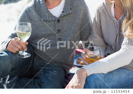 Couple enjoying white wine on picnic at the beach Couple enjoying white wine on picnic at the beach 11533454