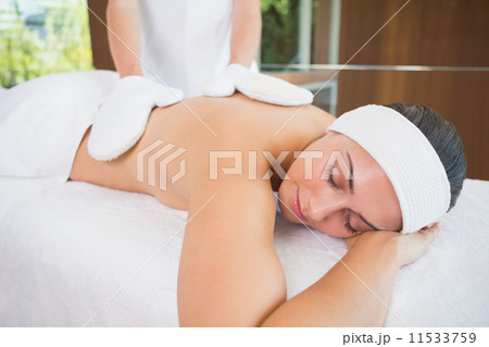 Beauty therapist rubbing womans back with heated mitts Beauty therapist rubbing womans back with heated mitts 11533759