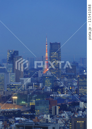 ［東京都市風景］トワイライトの東京タワーと高層ビル群を望む-077 11541088