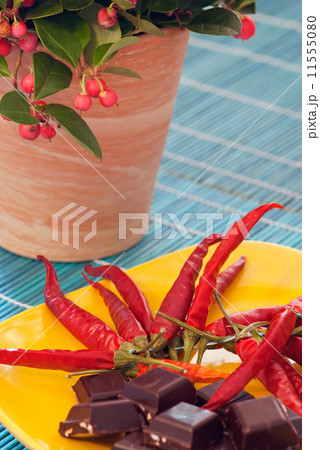 Chilli peppers, chocolate and gaultheria plant 11555080