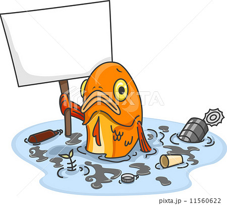Sad Fish In Polluted Water With Blank Boardのイラスト素材