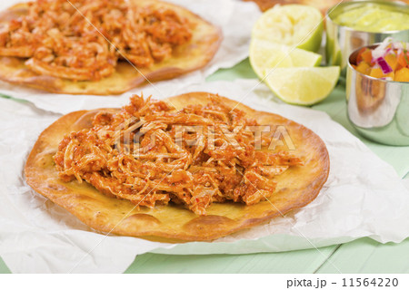 Tostadas - Mexican crispy tortilla with spicy chicken tinga  11564220
