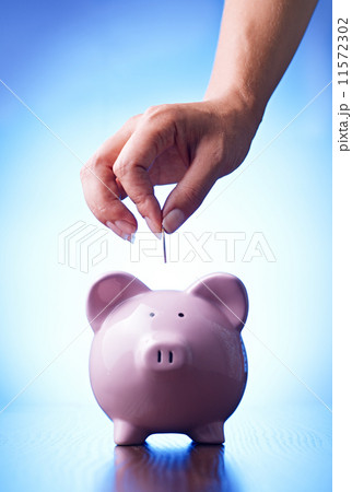 Hand placing a coin into a piggy bank Hand placing a coin into a piggy bank 11572302