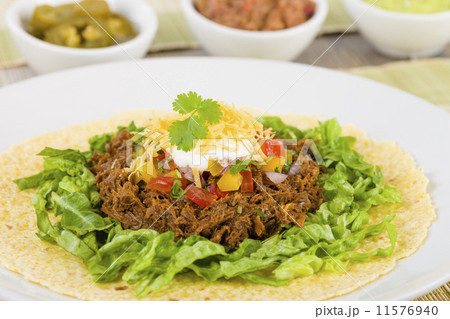 Mexican shredded beef in soft corn tortilla and toppings.  11576940